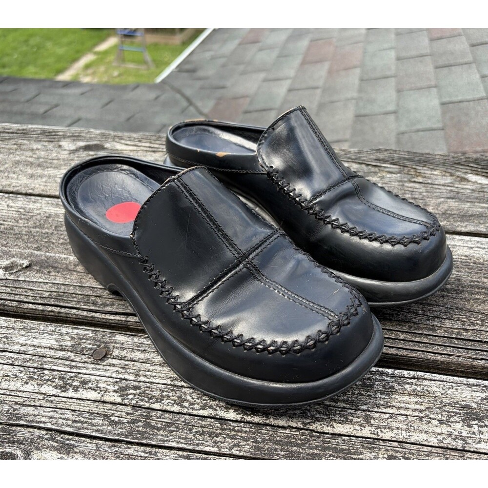 Vintage Dansko Madigan Black Leather Whipstitch Patch Slip On Clogs Miles Sz 38